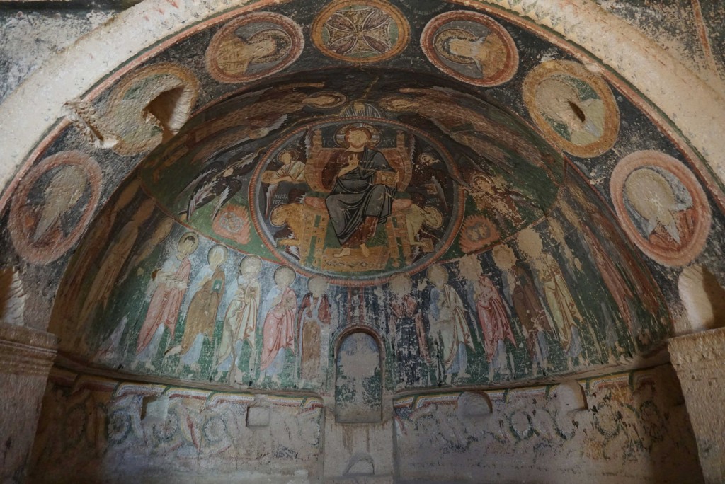 Interior of a cave church in Rose Valley. Cappadocia