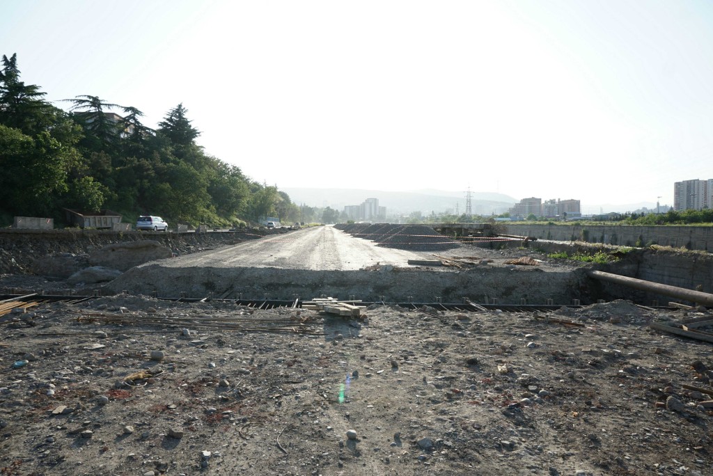 Close, but no cigar: my cunning attempt to avoid the awful traffic jams on the final 10 miles into Tbilisi was scuppered by a trench you could lose a double decker bus in.