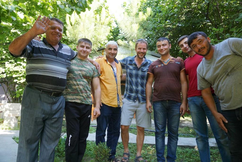 With my benefactors at a cafe somewhere in Azerbaijan.