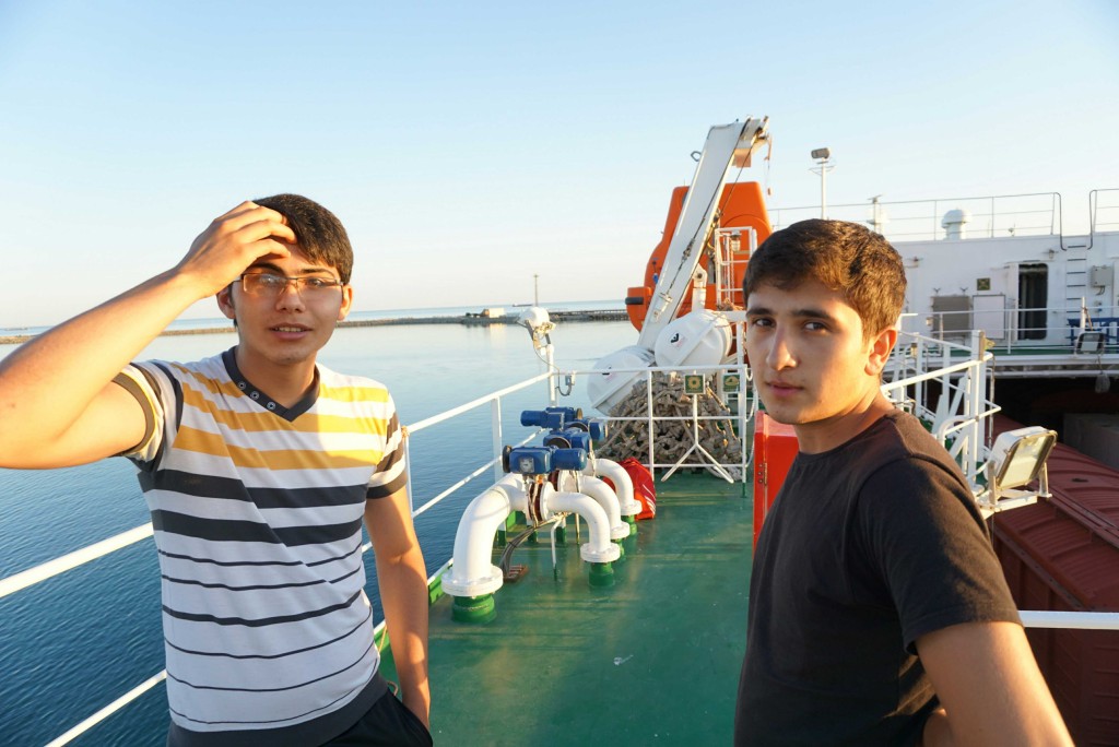 Waiting to disembark with two Azerbaijani apprentice crew of Balakan.