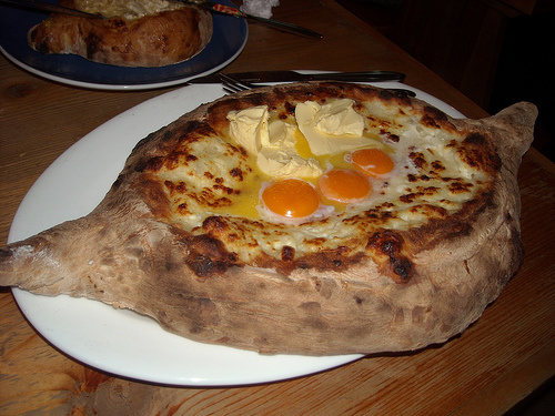 Acharuli khachapuri ('derrr-dum). You're looking at about 2000 kcal right there, I reckon