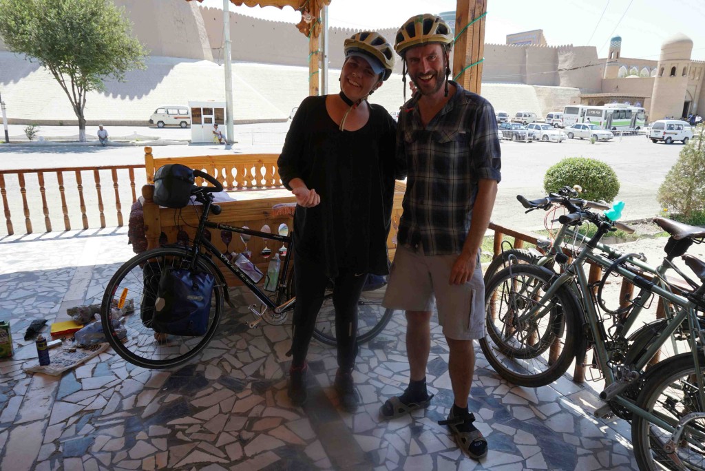 With matching helmet buddy Alex, at Alibek B&B, Khiva