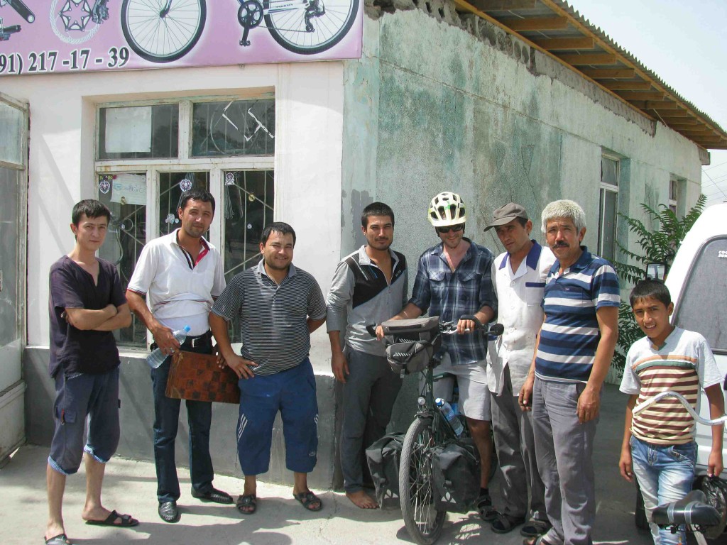 With the mechanics at a bike shop that 'fixed' Ritzo's headset. Photo credit: R.Holtman