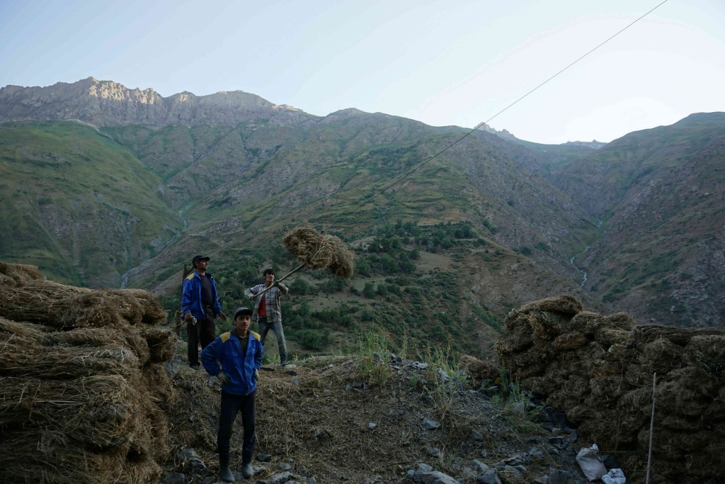 Local farmers bring the hay down the mountain by zipwire