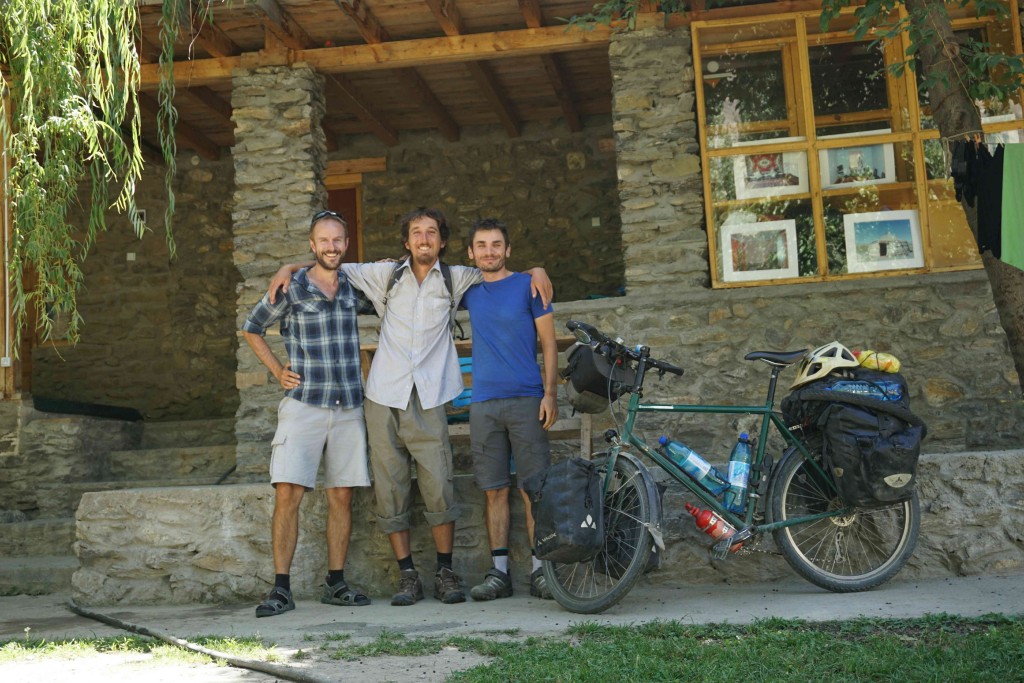 With Silk Road cyclist Corentin and Michele at Pamir Lodge, Khorog