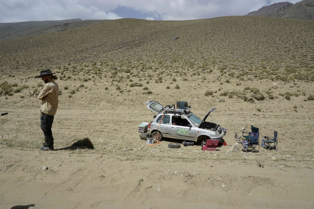 Mongol ralley Team Forty Percent Nuts, Adam and Ian, here with burned out clutch from the steep sandy climb out of Langar. These guys helped me out on two separate occasions with donations of fresh water without my even asking. Thanks!