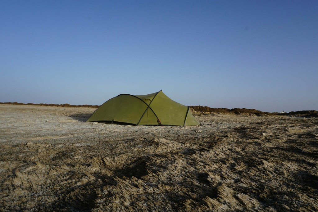 Post-apocalyptic camping on a salt field before Golmud