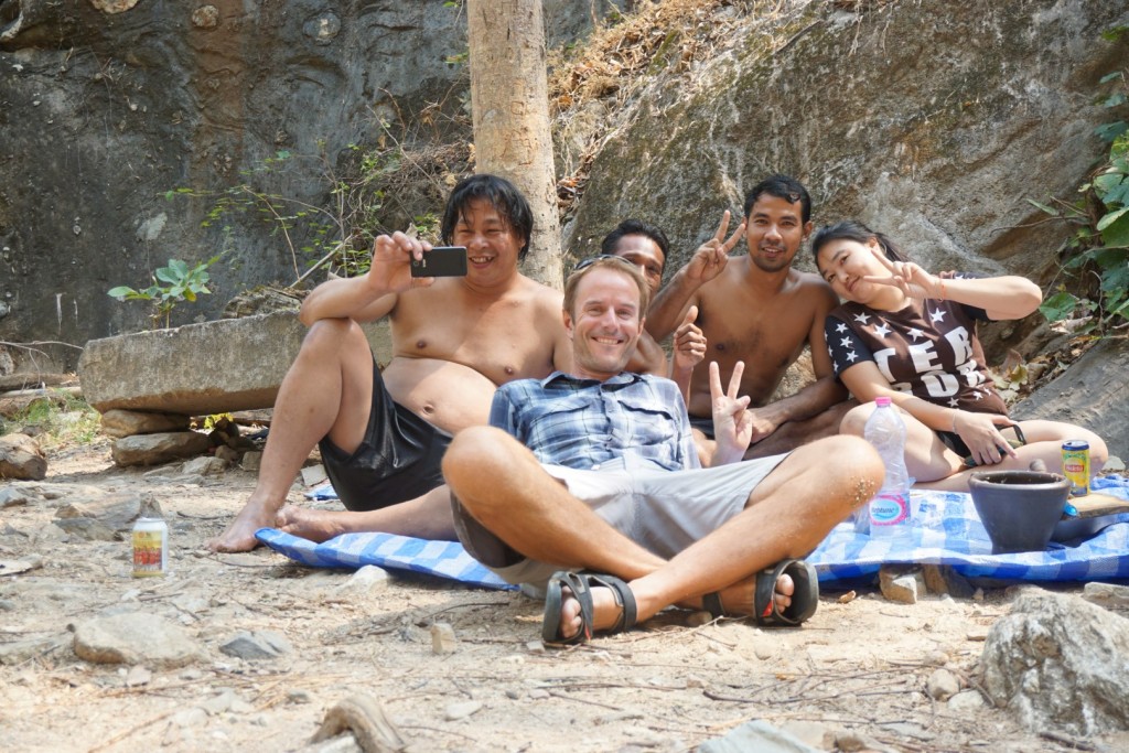 With a group of friendly Thais who insisted on sharing their boozy picnic with me. Immediately before the first two 700m hills I'd seen in months. At Lan Sang waterfall between Tak and Mae Sot