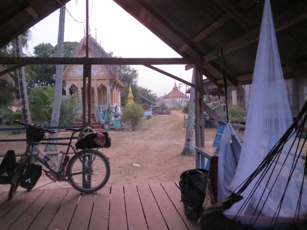 Camping in a temple with French cyclists Louis and Natalie, between Thakek and Savannakhet, Laos.