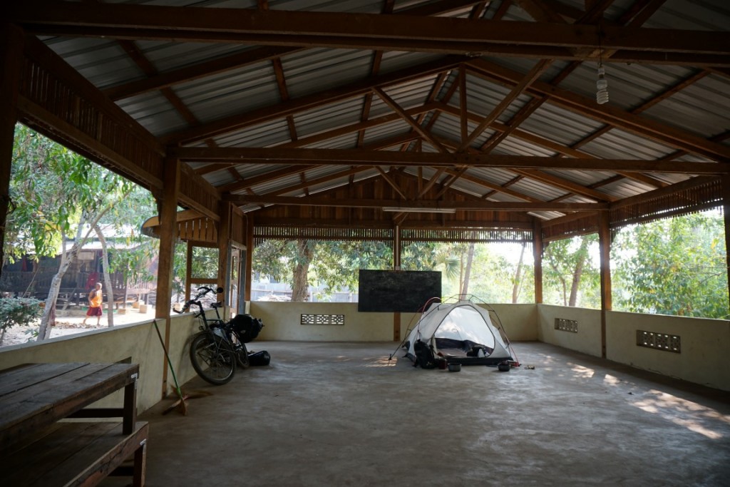 Camping in the dining area of a temple near Bago 